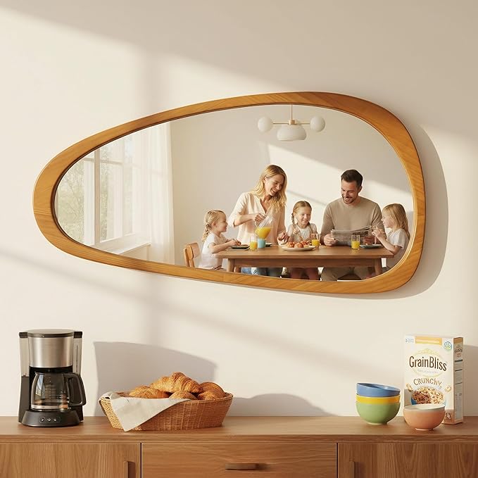 Irregular Asymmetrical Wall Mirror 48"×24" with Solid Wood Frame, Organic Mid-Century Modern Decorative Full-Length Wall Mirror for Living Room, Entryway, Bedroom & Bathroom