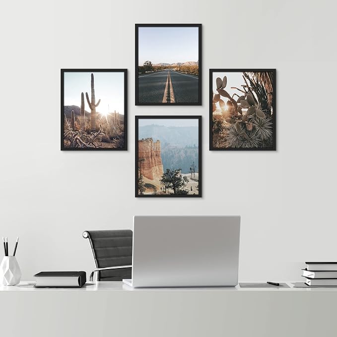 SIGNWIN Framed Cactus Desert Landscape Wall Art, Set of 4 Southwest Texas Arizona Saguaro Wall Decor Prints, Nature Wilderness Wall Décor for Living Room, Bedroom Black - 12"x16" Black