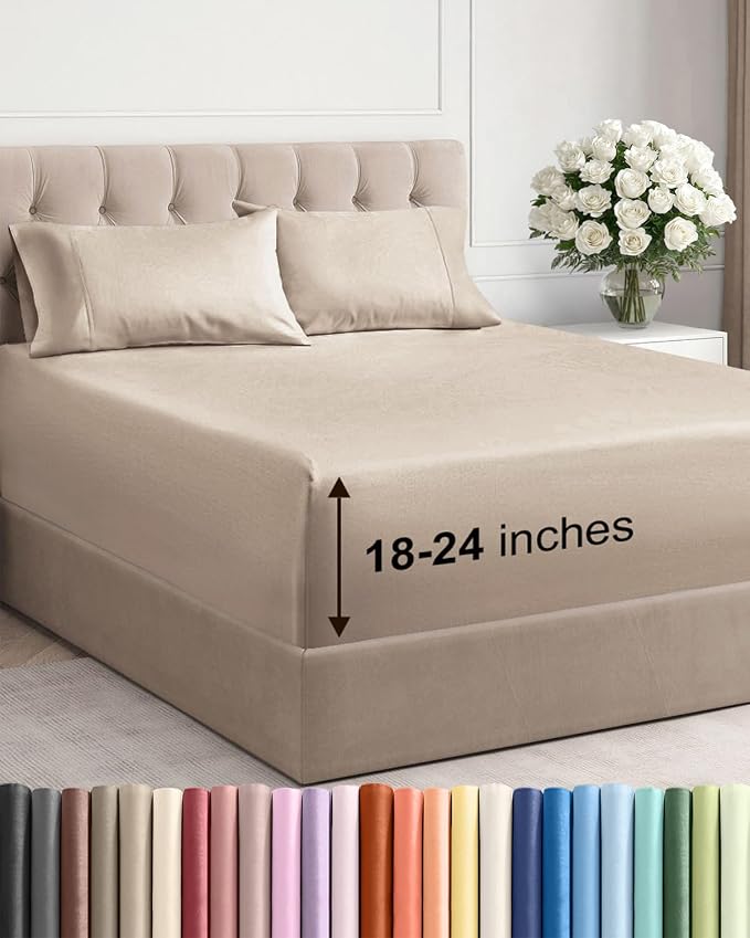 Extra Deep Twin Sheet Set - 4 Piece Breathable and Cooling Sheets - Hotel Luxury Bedding for Women, Men, Kids & Teens - Easy & Secure Fit - Soft, Wrinkle Free and Comfy - Extra Deep Pockets - Wheat