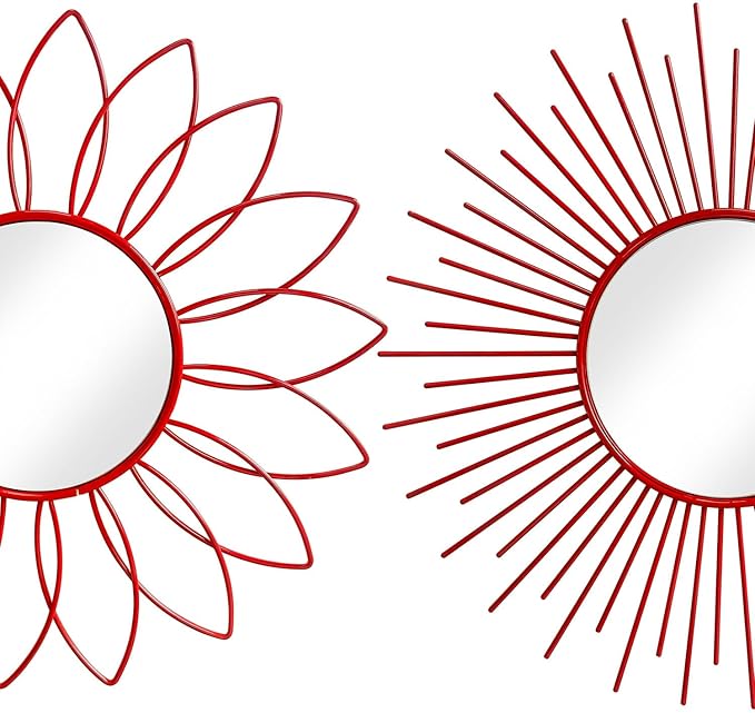 3 Pack Metal Mirrors for Wall Sunburst Wall Mirrors Home Décor Decorative Hanging Wall Art for Living Room Bedroom Entryway (Red, Flower+Sunburst)