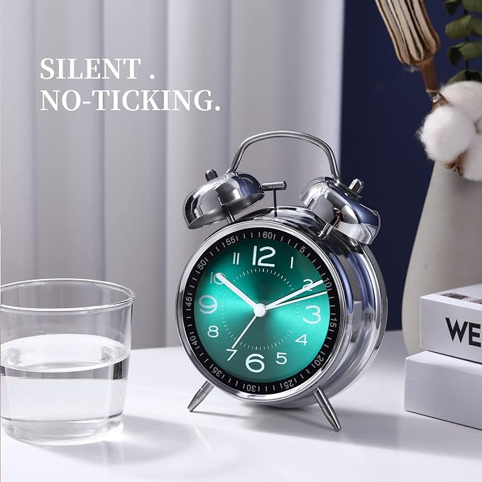 Tetino Super Loud Alarm Clock for Heavy Sleepers,4 inches Twin Bell Alarm Clock with Backlight,Battery Operated,Silent Non Ticking,for Kids,Adults,Bedrooms,Retro Decor Desk Analog Clocks. (Green)