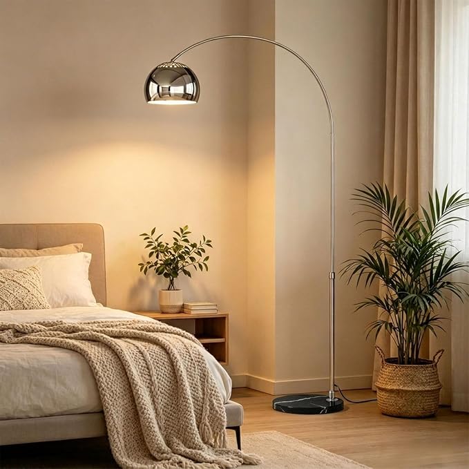 Murmurglow-71”Modern Arc Floor Lamp, Mid Century Adjustable Height Chrome Floor Lamp with Metal Shade,Book Reading Standing Light with Round Marble Base for Living Room, Bedroom,Office