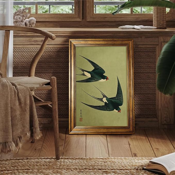 Gold Framed Japanese Flying Swallow Wall Art Asian Japandi Bird Animal Poster Nature Vintage Green Canvas Prints for Living Room Bedroom Home Decor 12x16 inch