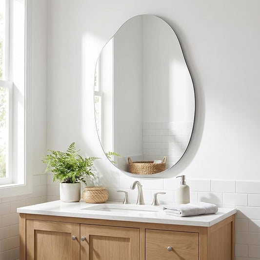 BEAUTYPEAK Asymmetrical Mirror, 26 x 40 Inches Irregular Wall Mirror, Wood Frame Unique Shape Wall Mounte, Decorative for Living Room Bedroom Entryway Hallway