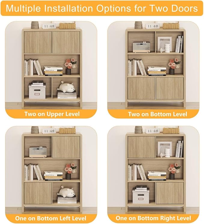 FATORRI Cube Bookshelf with 2 Doors, Wood Bookcase with Storage, Modern 5 Cubby Book Shelf for Home Office Living Room (Light Walnut)