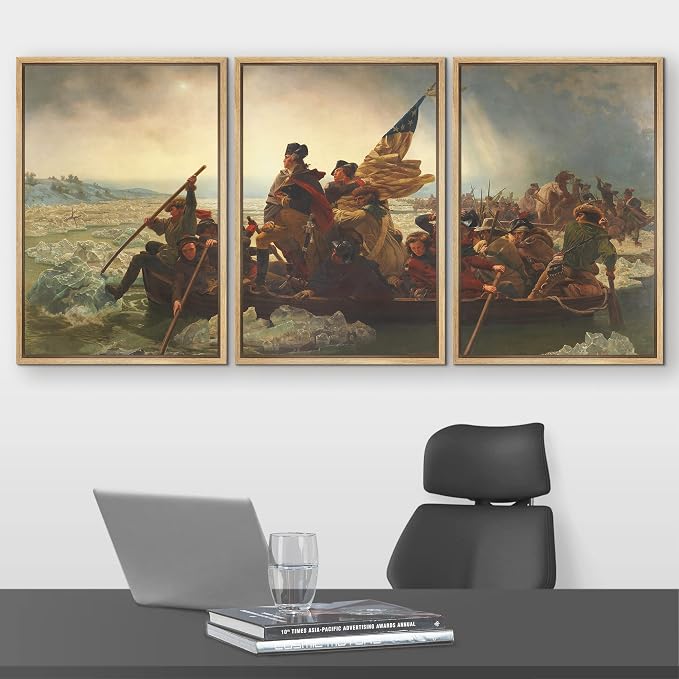 wall26 Framed Canvas Print Wall Art Set Washington Crossing The Delaware by Emanuel Leutze Cultural Historic Oil Painting Fine Art Reproduction for Living Room, Bedroom, Office - 24"x36"x3 Natural