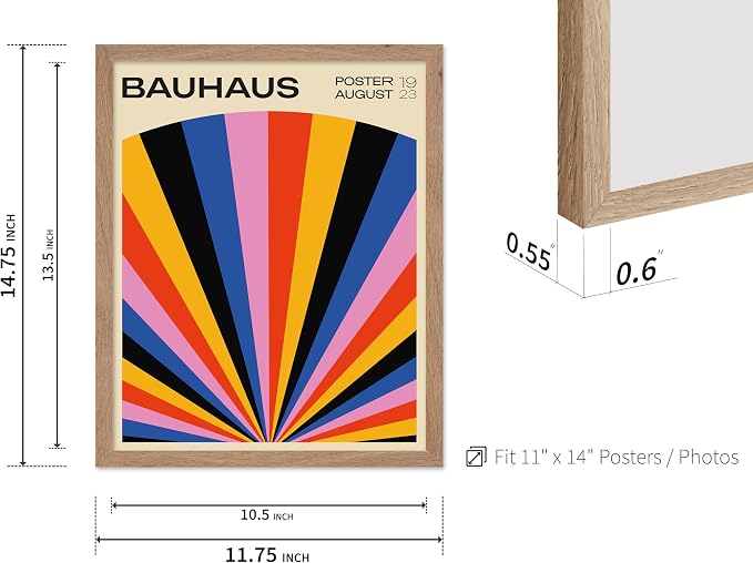 Poster Master Bauhaus Poster - Rainbow Sun Rays Print - Geometric - Abstract Art- Graphic Design - Chic Boho - Mid Century Modern Art - 11x14 Beige Framed