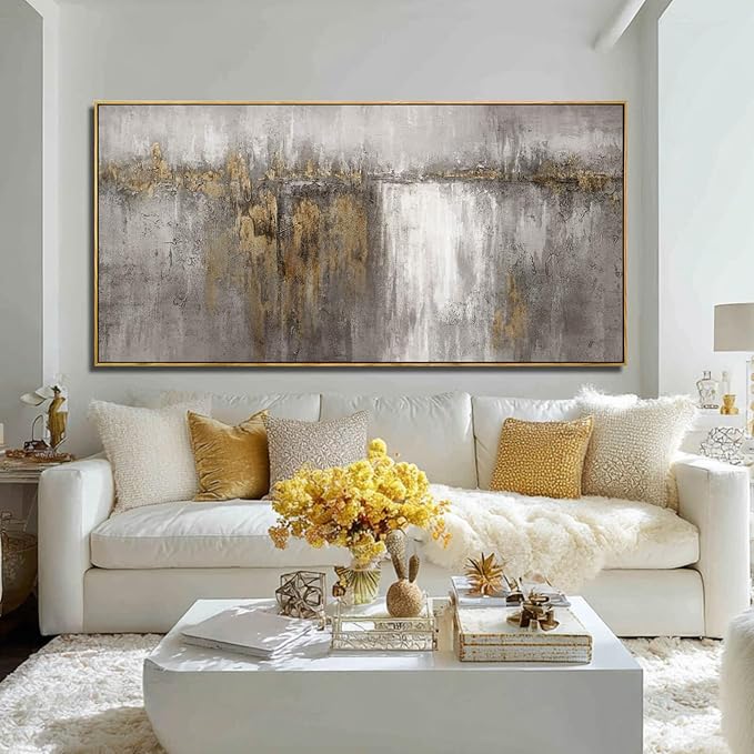 Neutral Canvas Arts Gold Wall Art Decor Framed Abstract Pictures Grey Prints Artwork for Living Room Bedroom Dining Room Home Office Decor 29”x58”