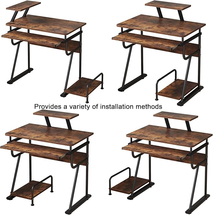 TigerDad Gaming/Computer Desk, Home Office Small Desk with Monitor Stand, Rustic Writing Desk, Dismountable Computer Tower Stand, Adjustable Storage Space, Modern Design Corner Table