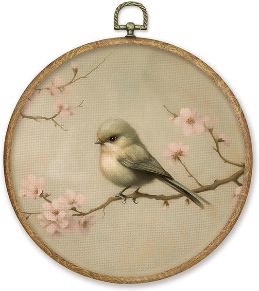 CGBHW Vintage Bird Round Wall Art Decor, Retro Rustic Bird Canvas Prints Framed, Farmhouse Cottagecore Floral Wall Art Hanging Decor for Home Gallery Bedroom Living Room Decorations, 10x10 Inch