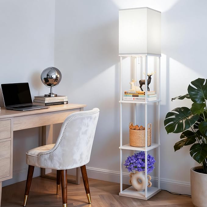 FOLKSMATE Floor Lamp with Shelves, 3-Tier Modern Square Bookshelf Floor Lamp, 3 Color Temperature Bulb Included, Floor Lamps for Living Room Bedroom Corner - White