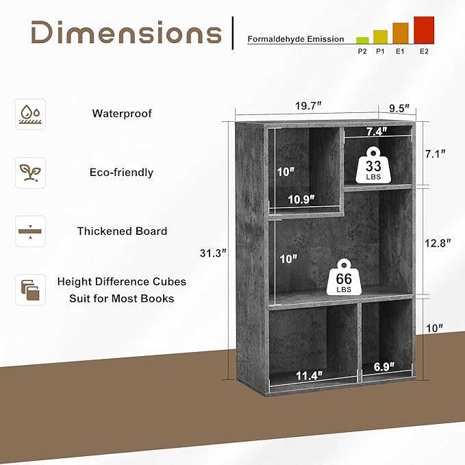 VECELO 5 Cube Modern Bookcases, 3 Tier Bookshelves, 31 Inch High Cubby Storage Organizer, Shelf Hight Up to 12.8 Inches Suit for Most Books, Vertical or Horizontal Use Available,Grey