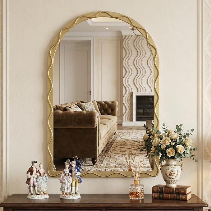 Uniclinens Gold Arched Mirror Decor - Large Vintage Scalloped Mirror Decor with Metal Frame, Wavy Decor Mirror for Nursery,Entryway,Fireplace,Living Room,Hallway,Bathroom,24"X36"