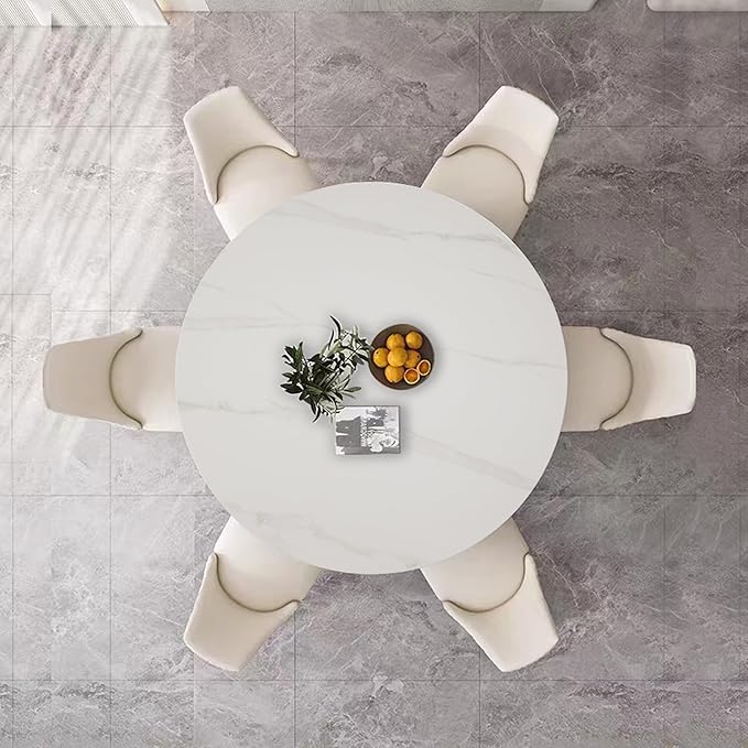 Montary 7 Piece Dining Table Set, Modern Dining Room Table Set of 6, White 53" D Faux Marble Dining Table, Sintered Stone Round Table with 6 Dining Chairs, for Dining Room Kitchen