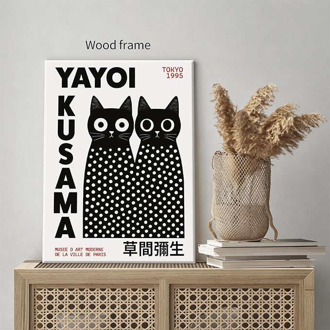 Black and White Cute Abstract Cat Wall Art Japanese Yayoi Kusama Canvas Poster 24X36 inch Framed Modern Fashion Minimalist Painting for Living Room Wall Decor Cat Lover Gifts