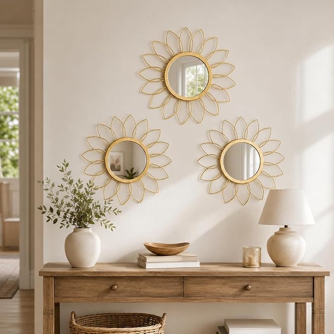 Gold Flower Mirror Set of 3, 3PCS Metal Round Decorative Wall Mirrors, Floral Petal Accent Mirror Wall Decor for Living Room, Bedroom, Entryway & Bathroom