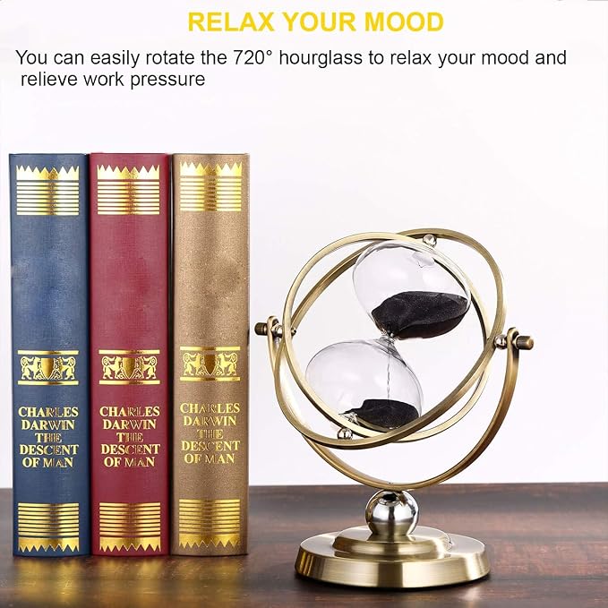 Brass 60 Minute Hourglass, 720° Rotating Vintage Metal Sand Timer, Large Black Sand Watch 60 Min, Unique 1 Hour Glass SandClock for Gifts, Wedding, Home, Desk, Decoration （Black