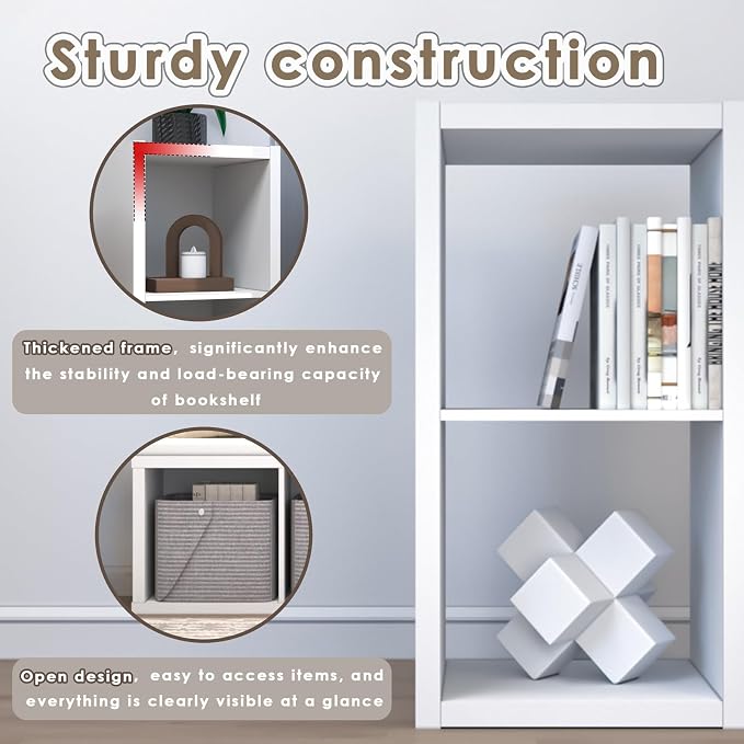 Endearing Limons【2026 Wooden Thick Border 2 Cube Shelf Storage Organizer with Anti-Tipping Kits + Reversible Open Back Bookcase (11 * 11 Unit Cell White)