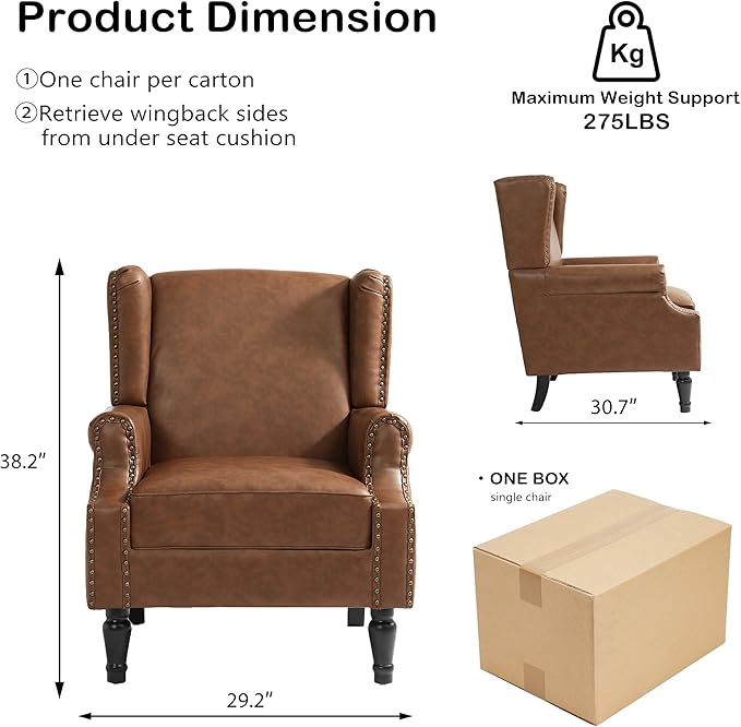 Faux Leather Wingback Chair, High Back Accent Chair, Comfy Upholstered Armchair with Nailhead Trim for Living Room, Single Sofa Reading Chair for Small Spaces, Bedroom-P Brown