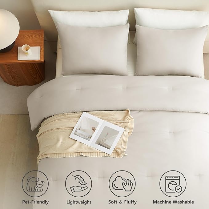 CozyLux Queen Comforter Set Beige, 3 Pieces Lightweight Comforters Queen Size Quilted Bedding Sets, All Season Breathable Solid Down Alternative Comforter with 2 Pillowcases, Bed Set Gift for Home