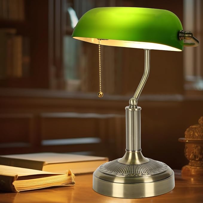 NISSAFORS Bankers Desk Lamp, Green Glass Shade, Vintage Desk Lamp with Pull Chain Switch, Retro Table Lamps for Home Office (Brass+Green, Middle)