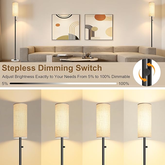 Upgraded Floor Lamp for Living Room, Dimmable Black Floor Lamp with LED Bulb,Modern Standing Lamp with Marble Base,Tall Floor Lamps for Bedroom Reading Office Corner Nursery