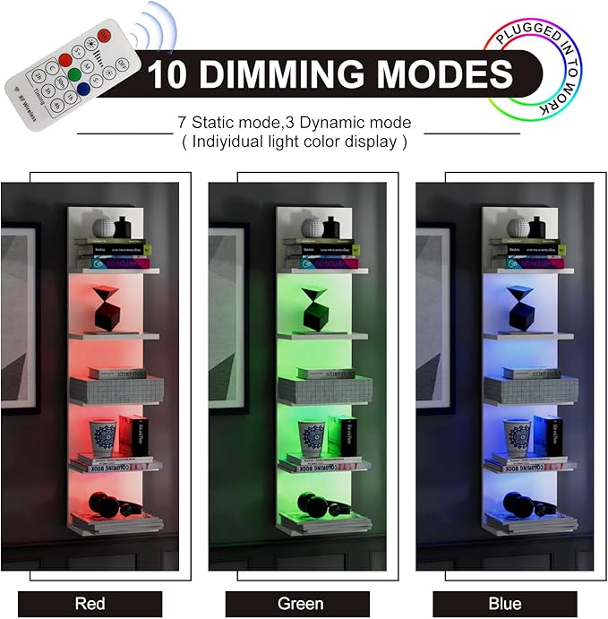 5-Tier Wall Shelf Unit with RGB Light, Floating Lack Shelf for Wall Storage, Wall Mounted Vertical Display Shelf for Bedroom Living Room Vanity, White
