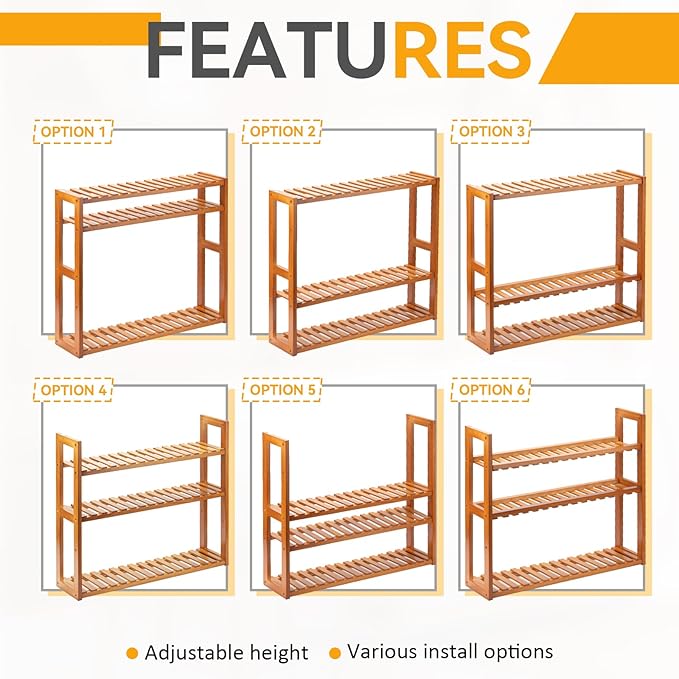 Wood Bathroom Shelf, 3-Tier Adjustable Shoes Rack&Plants Rack, Wall-Mounted or Stand for Living Room (Honey Oak)