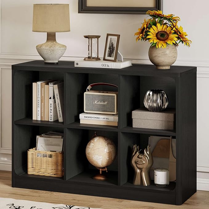FATORRI 6 Cube Storage Bookcase, Rustic Wood Horizontal Bookshelf with Rounded Corners, Low Cube Organizer Shelf for Living Room, Bedroom, Office (Black, 43 Inch)