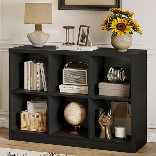 FATORRI 6 Cube Storage Bookcase, Rustic Wood Horizontal Bookshelf with Rounded Corners, Low Cube Organizer Shelf for Living Room, Bedroom, Office (Black, 43 Inch)