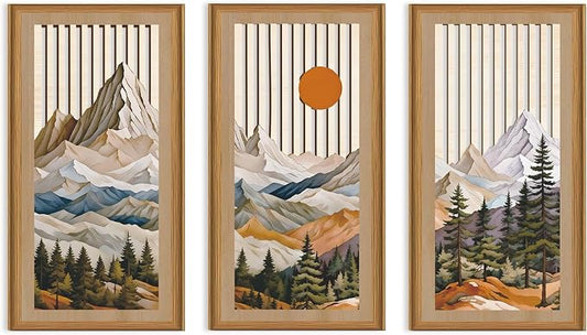 Celestdeco Boho Abstract Mountain Wood Wall Art Modern Geometric Artwork Bohemian Sun Forest Wood Wall Decor Mountain Tree Hanging Decor for Living Room Bedroom 7.9 x15.8 Inch
