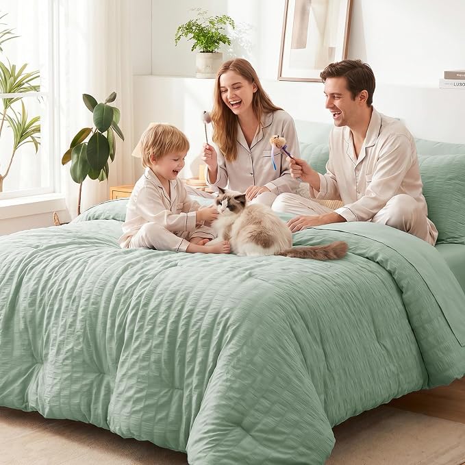 CozyLux Oversized King Comforter Set with Sheets, 7 Pieces 120"x98" Sage Green Seersucker Bed in a Bag, Luxury Soft Bedding Sets with Down Alternative Comforter, Sheets, Pillowcases & Shams, Home Gift