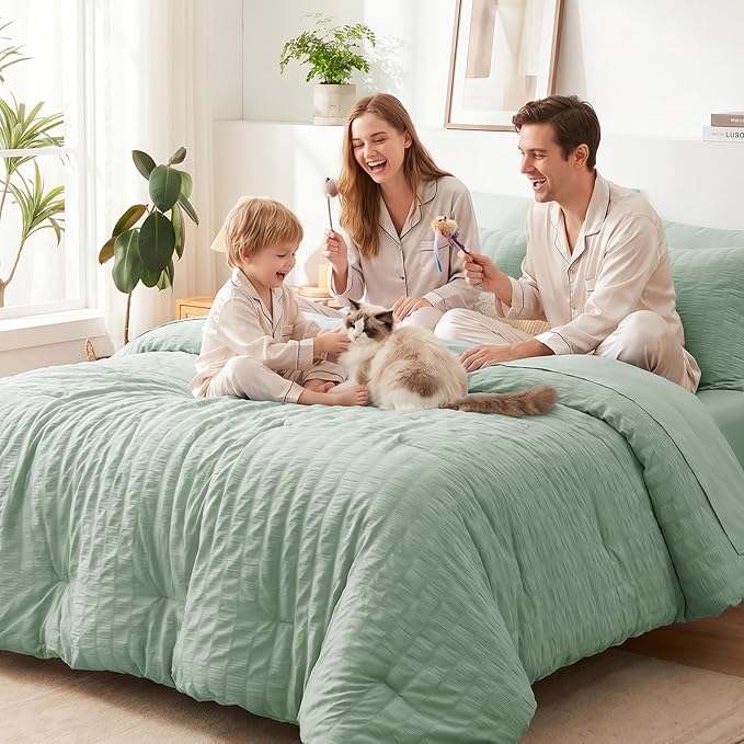 CozyLux California King Comforter Set with Sheets 7 Pieces Light Blue Seersucker Bed in a Bag, Cal King All Season Bedding Set with Down Alternative Comforter, Sheets, Pillowcases & Shams, Home Gift