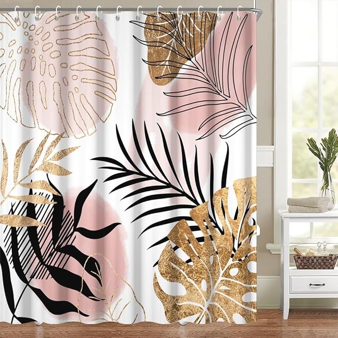 Modern Boho Shower Curtain Pink Gold Palm Leaves Abstract Aesthetic Bathroom Decor Gorgeous Watercolor Botanical Theme Bohemian Bath Curtains Washable Waterproof Polyester Fabric with Hooks 72x84 Inch
