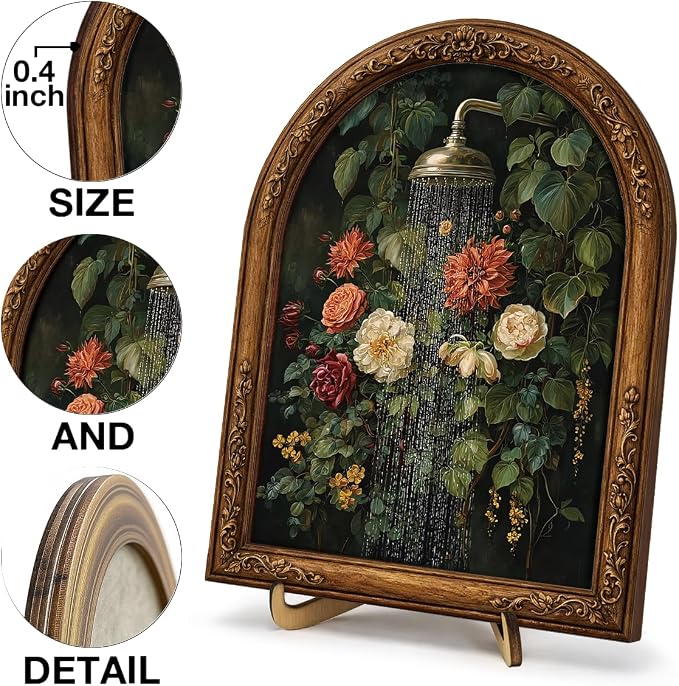Vintage Floral Shower Table Decor Sign Framed, Vintage Botanical Flower Wall Art Sign, Nature Inspired Bathroom Wall Decor for Wall Home Living Room 8x10 Inch