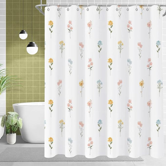 Floral Shower Curtain, Wildflower Botanical Plant Leaves Cute Flower Spring Herbs Elegant Waterproof Fabric Machine Washable for Bathroom Bathtub Decor with Hooks 72x72