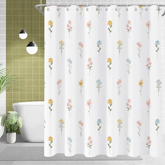 Floral Extra Long Shower Curtain, Wildflower Botanical Plant Leaves Cute Flower Spring Herbs Elegant Waterproof Fabric Machine Washable for Bathroom Bathtub Decor with Hooks 72Wx78H