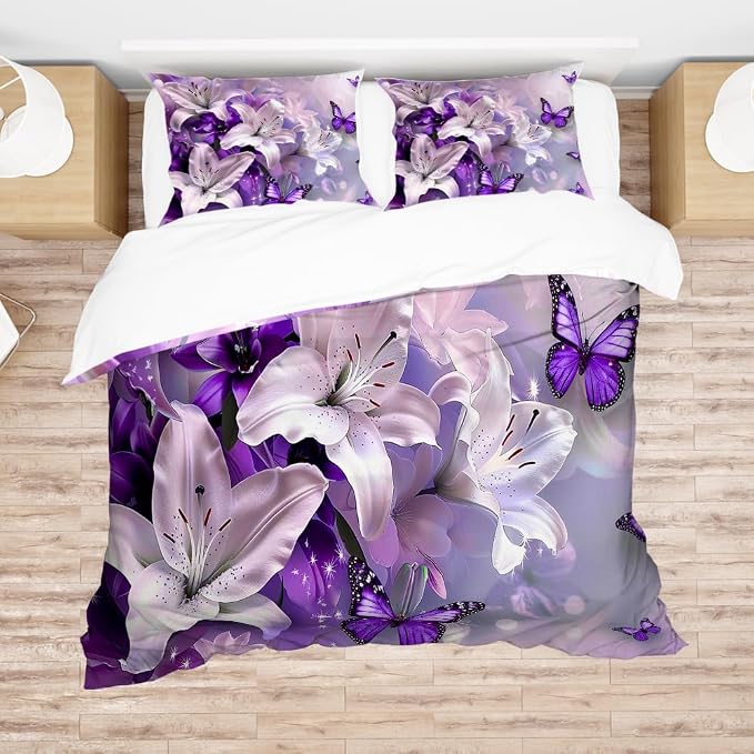 Purple Flowers Butterfly Duvet Cover Twin Size Graceful Purple Duvet Cover Set with Zipper Closure,Cute Floral Bedding Comforter Cover, 3 Pieces,Girls Duvet Cover 68"x88" and 2 Pillowcovers
