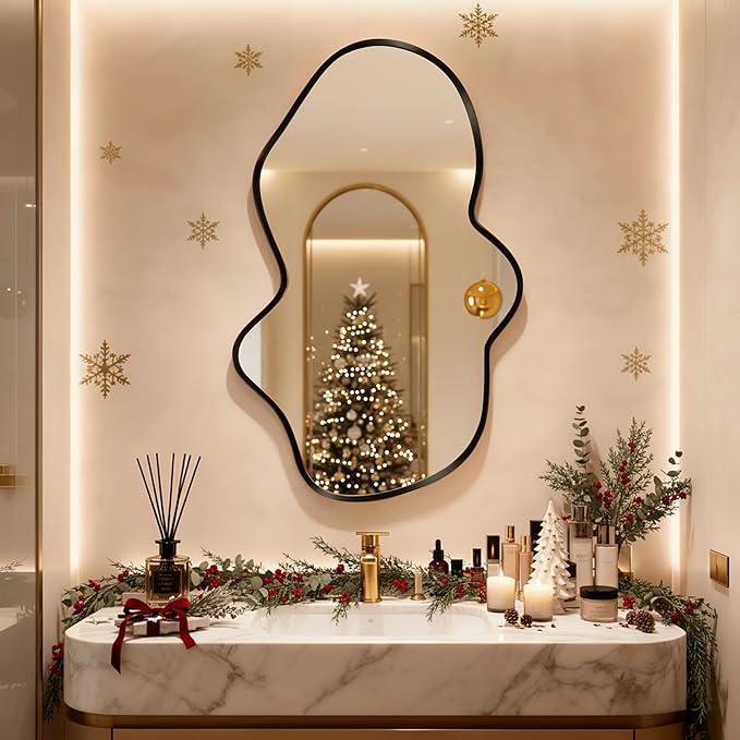 Irregular Wall Mirror, Black Bathroom Wavy Abstract Mirror for Over Sink, Decorative Cloud-Shaped Wall Mirror, Stylish Shatter-Proof HD Mirror for Bedroom, Entryway (24"x39", M, 1 Pack)