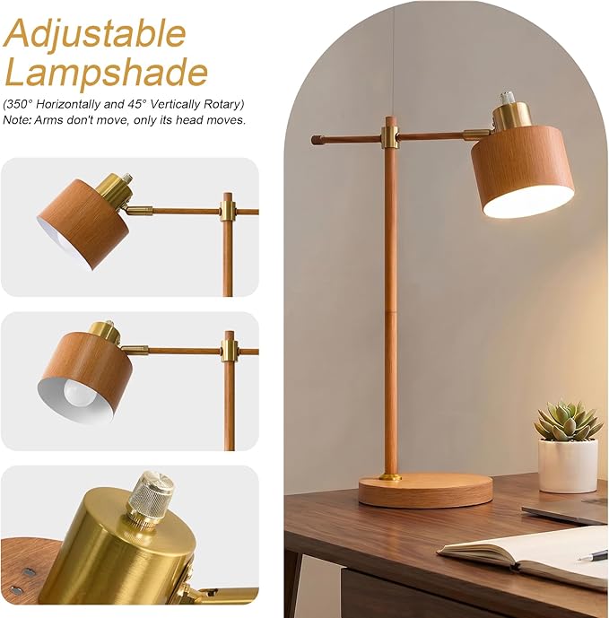 OYEARS 22.2" Mid Century Desk Lamp, Modern Metal Table Lamp with LED Bulb, Adjustable Reading Lamps, Industrial Task Lamp for Home Office, Farmhouse Bedside Lamps with Solid Base, Woodgrain