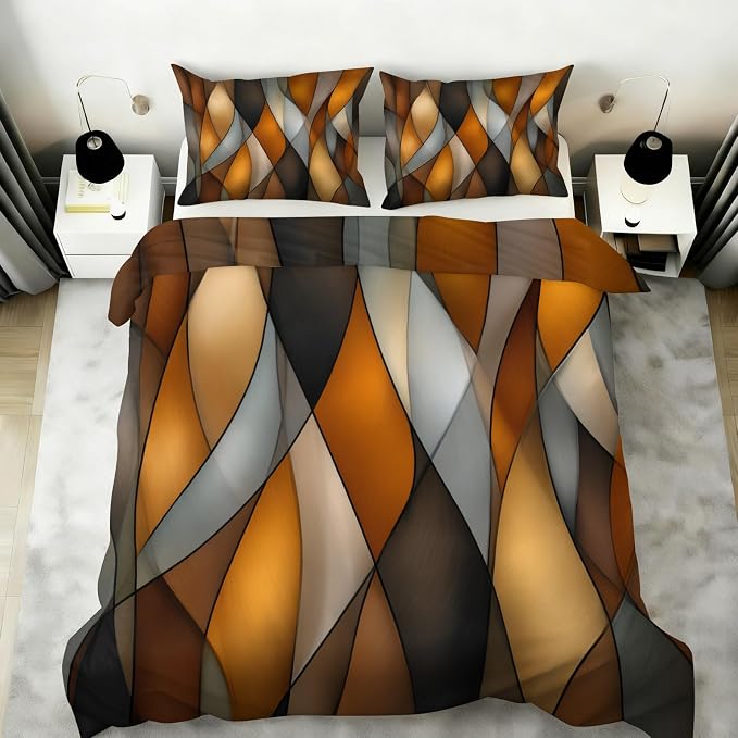 Orange Black Geometric Stripes Duvet Cover Full Size, Mid Century Modern Geometrics Lines Bedding Set 3 Piece, Ombre Abstract Striped Patterned Comforter Cover with Zipper, 2 Pillowcases