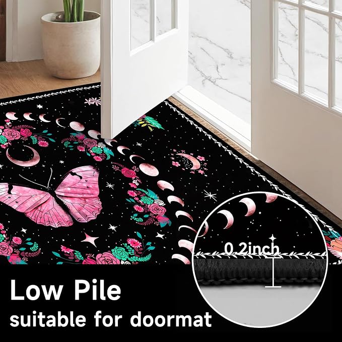 Pink Butterfly Area Rug 2'x3' Moon Phase Floral Rugs for Entryway Bedroom Living Room Kitchen Home Decor Boho Gothic Butterfly Carpet Non-Slip Washable Floor Mat
