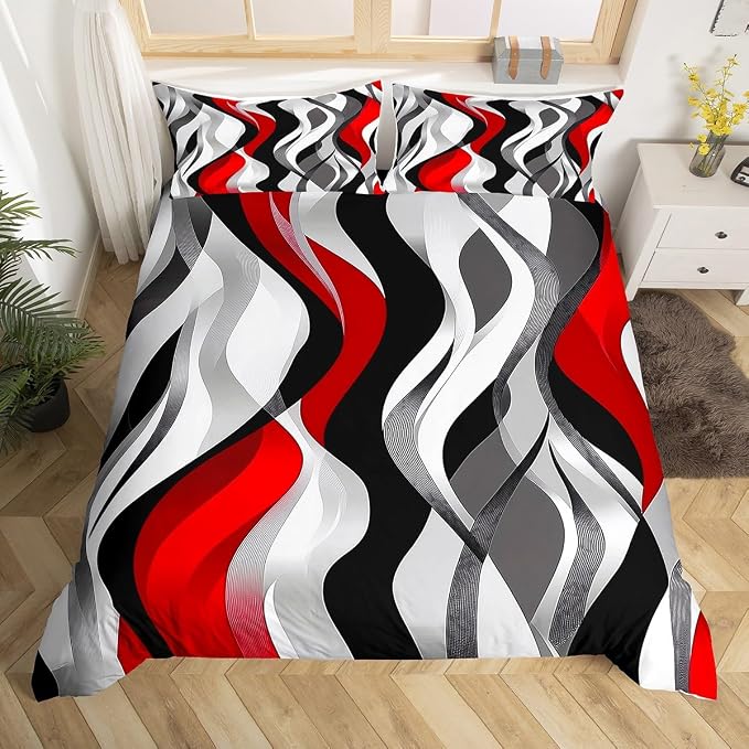 Red Black Stripes Duvet Cover Set Toddler Size,Abstract Geometric Wave Striped Bedding Set,Boys Girls Room Decor,Contemporary Minimalist Comforter Cover,Simple Quilt Cover,1 Pillowcase(No Filler)