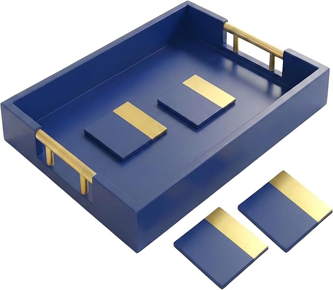 Wood Serving Tray with Gold Polished Metal Handles, Home Decorative Wooden Rectangle Ottoman Decor Platter Bathroom Vanity Tray for All Occasions Gloss Finish, 16"x12", Navy Blue