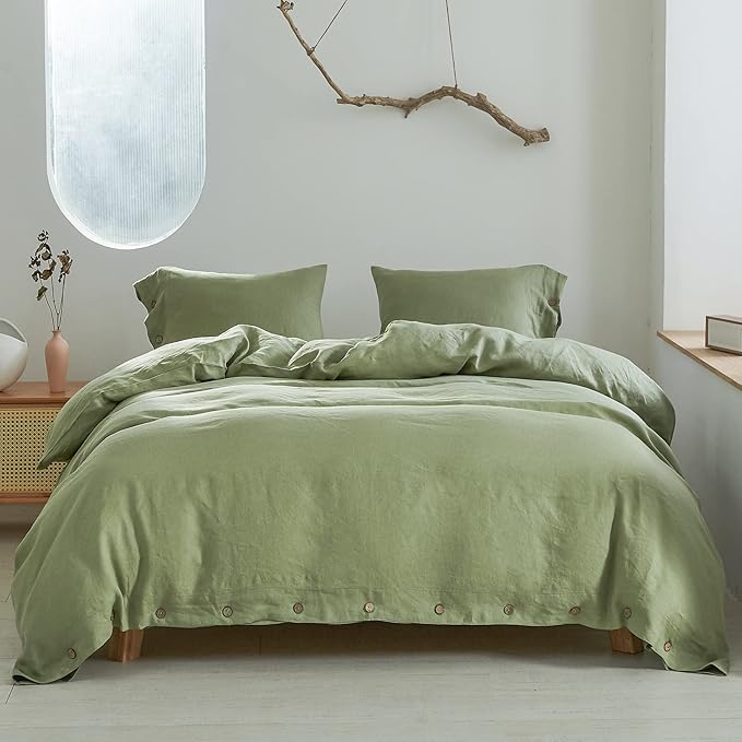 Simple&Opulence 100% Linen Duvet Cover Set 3pcs with Coconut Button Closure Natural French Washed Flax Solid Color Soft Breathable Farmhouse Bedding - Sage Green, Queen Size