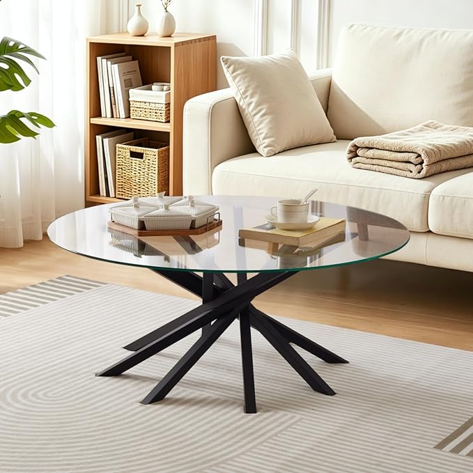 Round Glass Coffee Table-Mid Century Modern Coffee Table with Clear Glass Top&Solid Wood Mortise Interlocking Starburst Legs Design for Living Room,Office,Hotel Lobby,Commercial Environments