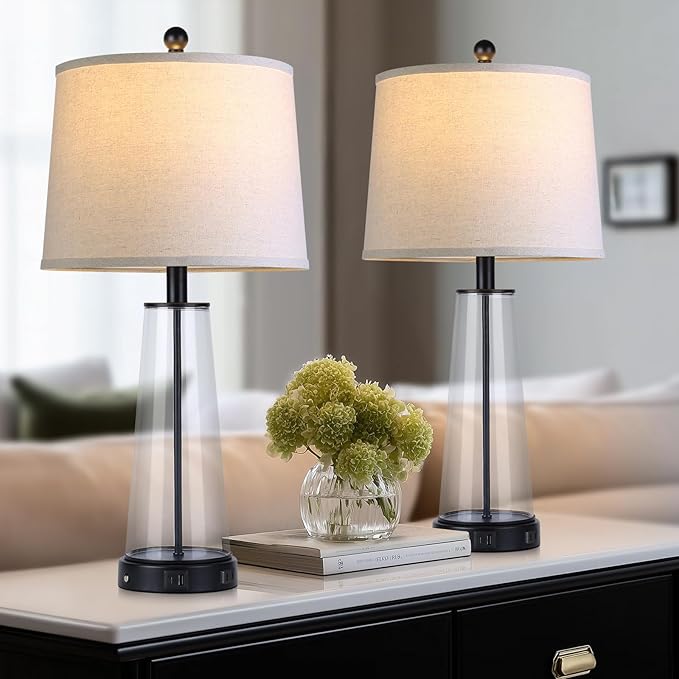 26" Glass Table Lamp Set of 2 with USB C+A Ports and AC Outlet, 3 Way Touch Modern Bedside Lamps for Night Stands, Black Nightstand Lamps for Bedroom Living Room