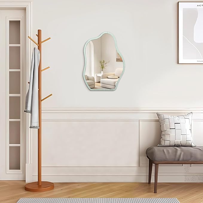 Asymmetrical Cloud Mirror for Wall Modern Wooden Framed Wall Mirror Unique Shape Wall Mounted Vanity Artistic Wavy Mirrors Decorative for Living Room Bedroom Bathroom Entryway