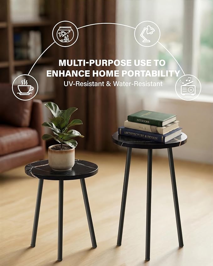 Plant Stand Indoor Tall: Corner Wood Plant Stand 2 Pack Mid Century Modern Decor - Small Round Plant Table for Indoor Plants - Outdoor Plant Holder for Patio Living Room Office (Black Marble)