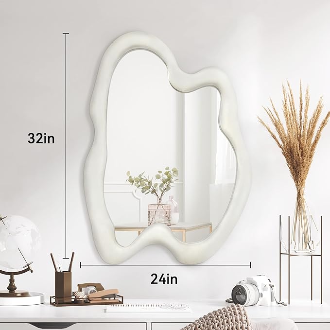 Irregular Wall Mirror Asymmetrical Mirror, White Wavy Mirror with Flannel Frame, Decorative Wall Mirror for Bedroom, Livingroom, Entryway, 24"x 32"